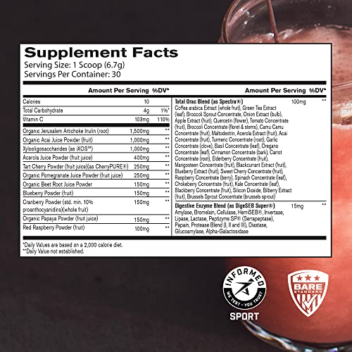 Bare Performance Nutrition, Strong Reds Superfood Powder, No Artificial Sweeteners, Antioxidant, Naturally Boost Energy, Fruit Powder, Digestive Enzyme (30 Servings, Strawberry)