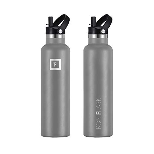 IRON °FLASK Sports Water Bottle - 24 Oz, 3 Lids (Straw Lid), Leak Proof, Vacuum Insulated Stainless Steel, Hot Cold, Double Walled, Thermo Mug, Standard Metal Canteen