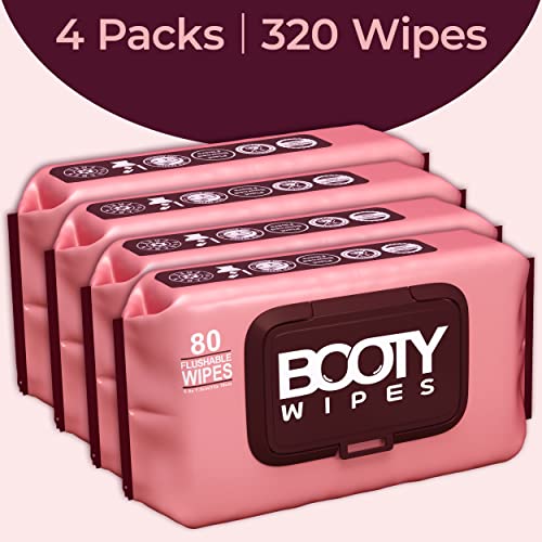 BOOTY WIPES for Women - 320 Flushable Wipes for Adults, Feminine Wet Wipes (320 Wipes Total - 4 Flip-Top Packs of 80) pH Balanced, Infused with Vitamin-E & Aloe