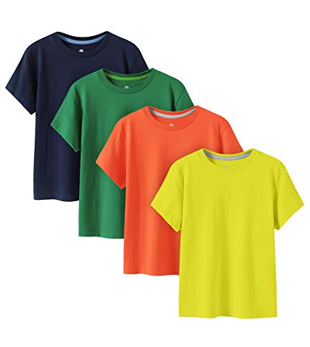 LAPASA Kids T-Shirts Pure Cotton 4-Pack, Short Sleeve White Tees Boy & Girl, 100% Non-Allergenic Cotton Crew Neck Unisex K01,Orange+Yellow+Green+Navy,13Y