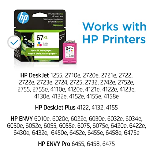 Original HP 67XL Tri-color High-yield Ink Cartridge | Works with HP DeskJet 1255, 2700, 4100 Series, HP ENVY 6000, 6400 Series | Eligible for Instant Ink | 3YM58AN
