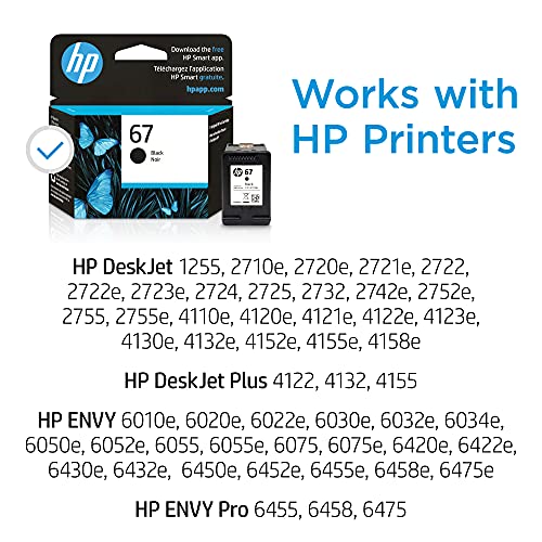 Original HP 67 Black Ink Cartridge | Works with HP DeskJet 1255, 2700, 4100 Series, HP ENVY 6000, 6400 Series | Eligible for Instant Ink | 3YM56AN