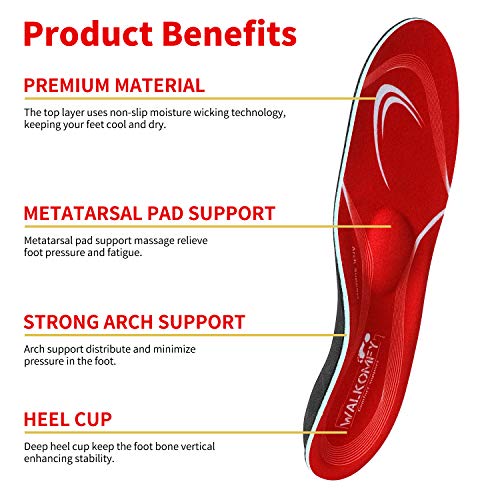 Walkomfy Pain Relief Orthotics, Plantar Fasciitis Arch Support Insoles Shoe Inserts for Maximum Support/All-Day Shock Absorption/Designed for Men and Women(Mens 4-4 1/2 | Womens 6-6 1/2, red-w107a)