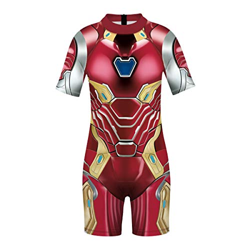 Plustrong Kids Girls Boys 3D Print One Piece Swimsuits Short Sleeve Rashguard Shirts Bathing Suit 5-12 Years(Iron Man 007,L(9-10 Years