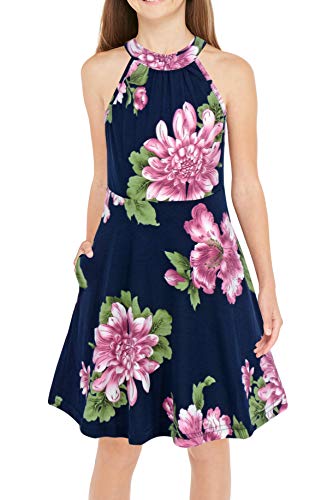 GORLYA Girl's Halter Neck Cold Shoulder Sleeveless Summer Casual Sundress A-line Dress with Pockets for 8 Years (GOR1013, 7-8Y, Green)