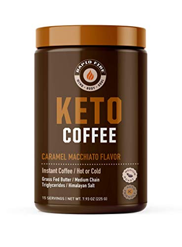 Rapidfire Ketogenic Fair Trade Instant Keto Coffee Mix, Supports Energy, Metabolism, and Weight Loss, Grass Fed Butter, MCTs & Himalayan Salt, 15 servings, Caramel Macchiato Flavor, 7.93 Ounce