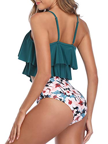 Womens Tankini Swimsuits High Waisted Bathing Suits Tummy Control Ruffled Top Swimwear Two Piece Swimming Suits 01 Blue Pink 10-12
