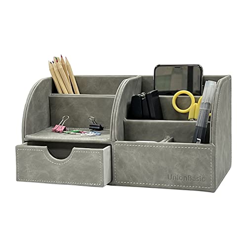 UnionBasic Multifunctional PU Leather Office Desk Organizer Business Card/Pen/Pencil/Mobile Phone/Stationery Holder Storage Box (Oiled Leather Grey)