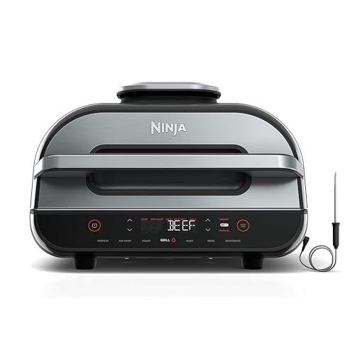 Ninja Indoor Grill, Foodi Smart XL 6-in-1 Indoor Grill with Air Fry, Roast, Bake, Broil & Dehydrate, Smart Thermometer, Black/Silver, FG551