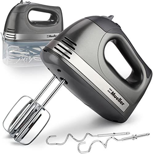 Mueller Electric Hand Mixer, 5 Speed 250W Turbo with Snap-On Storage Case and 4 Chrome-plated Steel Accessories for Easy Whipping, Mixing Cookies, Brownies, Cakes, and Dough Batters