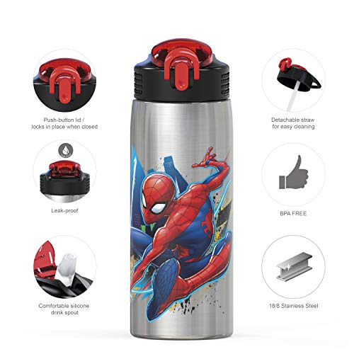 Zak Designs 27oz Marvel 18/8 Single Wall Stainless Steel Water Bottle with Flip-up Straw Spout and Locking Spout Cover, Durable Cup for Sports or Travel (27oz, Spider-Man)