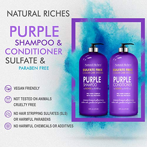 Natural Riches Purple Shampoo and Conditioner Set Sulfate Free Salon Grade for Silver Blonde and Platinum Hair. Removes Yellow & Brass tones. Blonde Shampoo for Silver Grey Highlighted Hair 16x2 fl oz