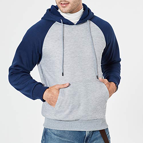 Men's Contrast Raglan Long-Sleeve Pullover Blend Fleece Hoodie with Kanga Pocket, Navy-L