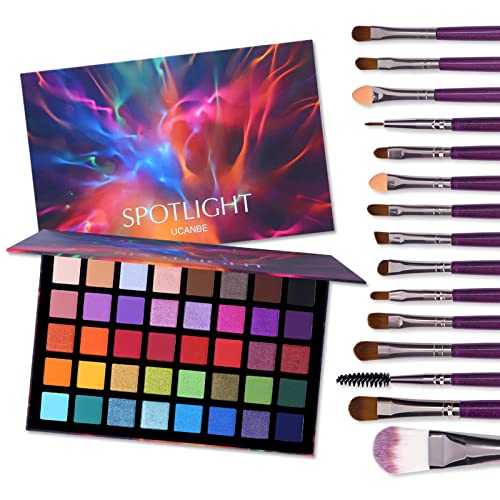 UCANBE Spotlight Eyeshadow Palette + 15 PCS Makeup Brushes Set, Professional Matte Shimmer Glitter Eye Shadow Pallet Highly Pigmented Waterproof Long Lasting Make Up Palette for Women