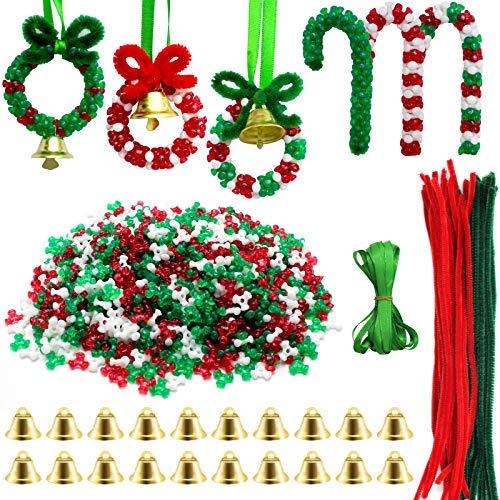 Deck the Halls with Dazzling DIY! Hifunwu 1570 PCS Christmas Beaded Ornament Kit Christmas Tri-Shaped Beads Plastic Tri Beads with Pipe Cleaners Xmas Party Craft Wreath Candy Cane for Christmas Tree Hanging
