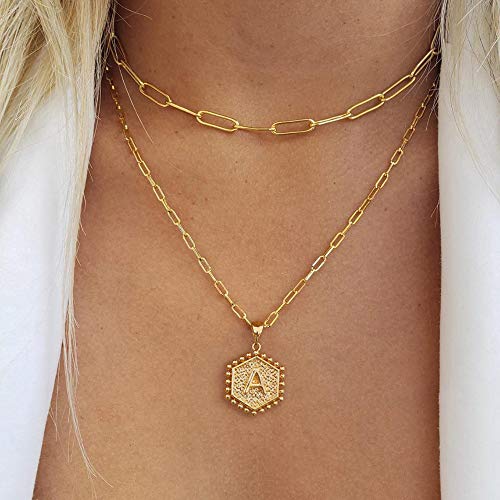 Gold Layered Initial Necklaces for Women, 14K Gold Plated Paperclip Chain Necklace for Women Simple Cute Letter Pendant Initial J Necklace Choker Necklace Dainty Layered Necklaces for Women Girls