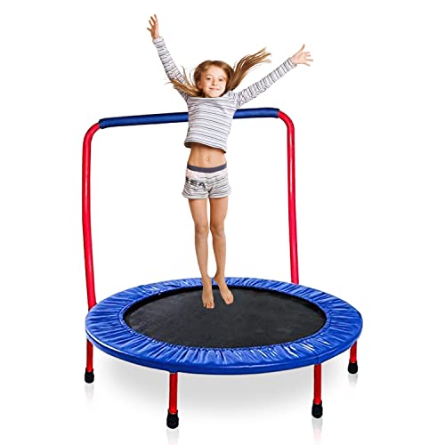 Kids Trampoline Portable & Foldable 36 Inch Round Jumping Mat for Toddler Durable Steel Metal Construction Frame with Padded Frame Cover and Handle Bar (Red - Blue (36 inch))