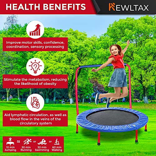 Kids Trampoline Portable & Foldable 36 Inch Round Jumping Mat for Toddler Durable Steel Metal Construction Frame with Padded Frame Cover and Handle Bar (Red - Blue (36 inch))