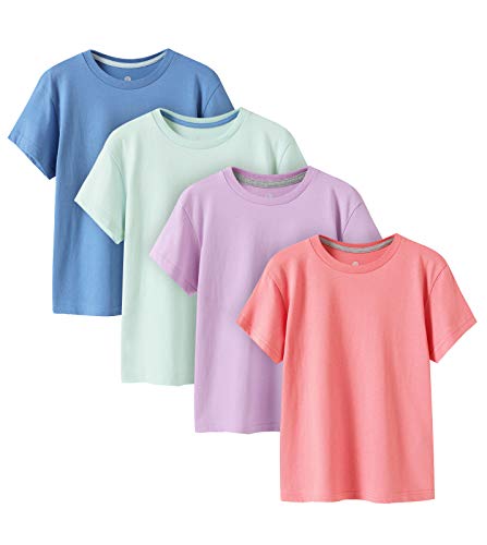 LAPASA Kids T-Shirts Pure Cotton 4-Pack, Short Sleeve White Tees Boy & Girl, 100% Non-Allergenic Cotton Crew Neck Unisex K01,Pink+Light Purple+Sky Blue+Light Green,5-6Y