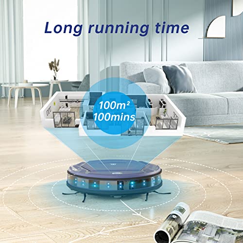 OKP K2 Robot Vacuum Cleaner, blue, cleaning hardwood floor.