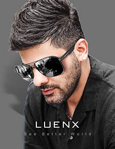LUENX Aviator Sunglasses for Men Square Polarized Polygon Black Lens Matte Black Frame - UV 400 Protection with Accessories