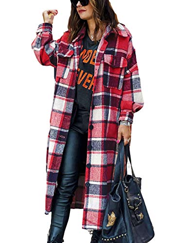 Omoone Women's Flannel Plaid Shacket Fall Oversized Long Button Down Shirt Jacket Shackets(Vintage Red-S)