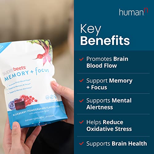 HumanN SuperBeets Memory + Focus Chews - Helps Support Brain Health & Alertness - SuperBeets Nootropic Supplement with Resveratrol & Beet Root Powder, Blueberry Pomegranate Flavor, 30 Soft Chews