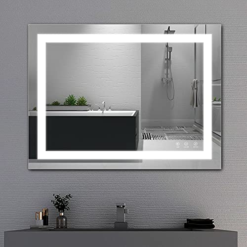 TATU LED Bathroom Mirror,36x28 Inch Bathroom Vanity Mirror Wall Mounted with 3000K-6000K Adjustable, Anti-Fog, Smart Touch Button, Stepless Dimmable Lighted Makeup Mirror, Horizontal/Vertical