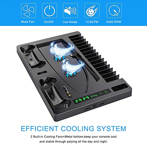 Vertical Stand with Cooling Fan for PS5 Console and PS5 Digital Edition, PS5 Dualsense Charging Station, Charging Station Dock with Dual Controller Charger Ports and Retractable Game Storage for PS5