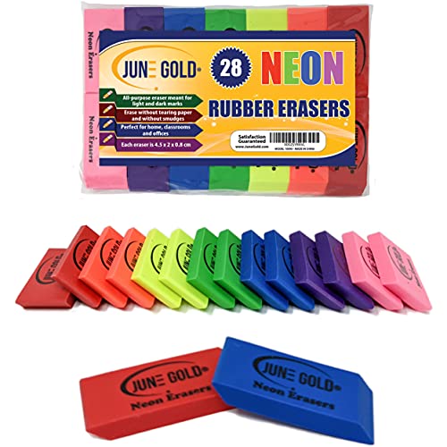 June Gold 28 Neon Colored Rubber Erasers - These All-Purpose erasers are Perfect for classrooms, Homes & Offices