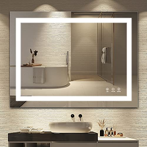 TATU LED Bathroom Mirror,36x28 Inch Bathroom Vanity Mirror Wall Mounted with 3000K-6000K Adjustable, Anti-Fog, Smart Touch Button, Stepless Dimmable Lighted Makeup Mirror, Horizontal/Vertical