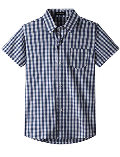 Spring&Gege Boys' Short Sleeve Poplin Button Down Shirt Plaid Uniform Dress Shirts, Navy Blue Large Check Gingham,7-8 Years