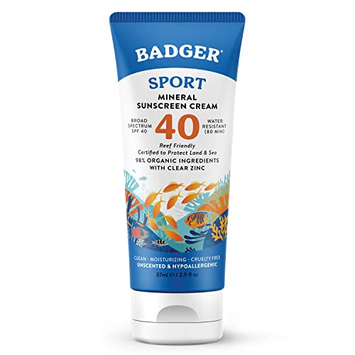 Badger SPF 40 Sport Mineral Sunscreen Cream - Reef-Friendly Broad-Spectrum Water-Resistant Sport Sunscreen with Zinc Oxide - Unscented, 2.9 oz