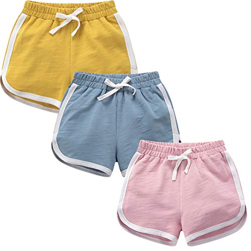 qtGLB Girls Shorts 3-Pack 100% Cotton Active Athletic Running Sleeping for Toddler Kids Big Girl's (14-16, Yellow Pink Blue)