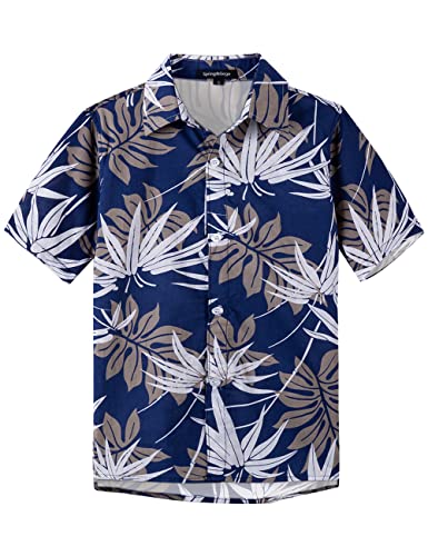 Spring&Gege Boys' Short Sleeve Button Down Fun Hawaiian Shirt Cartoon Print Aloha Dress Shirts, Navy Blue Leaf, 7-8 Years