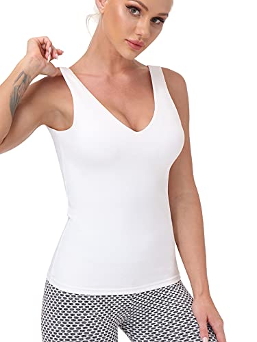 Workout Tops for Women Yoga Tank Tops with Built in Bra Wirefree Padded Yoga Bras Gym Running Athletic Shirt V-Neck Camisole White