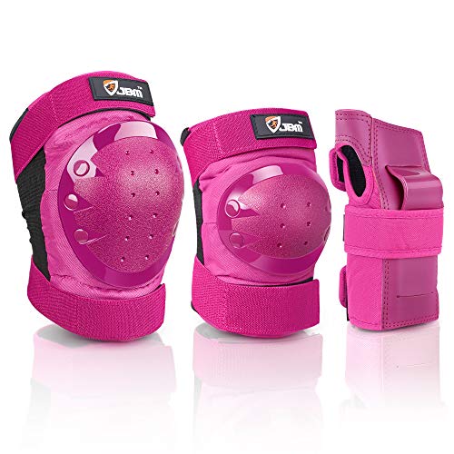 JBM Adult/Child Knee Pads Elbow Pads and Wrist Guards Full Protective Gear for Skateboarding Skate Inline Riding Beginner Scooter Roller Skater (Pink, Large)
