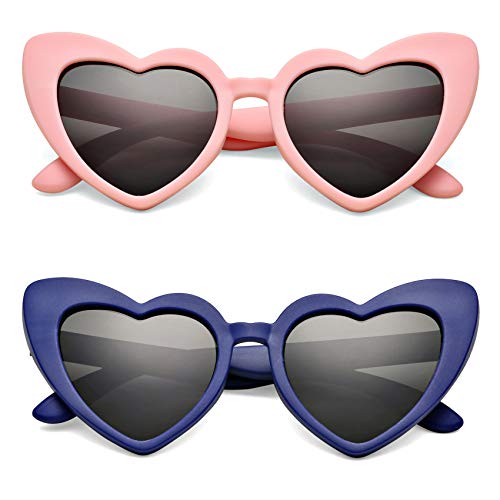 COASION 2 Pack Kids Polarized Heart Sunglasses Bendable Flexible Sunglasses Shades for Toddler Girls Age 2-8 (Blue+Yellow)