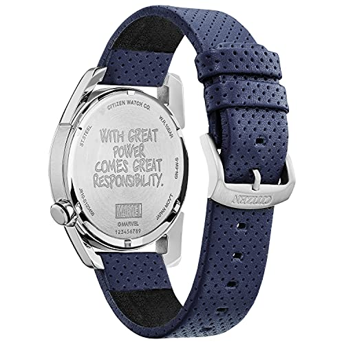 Citizen Eco-Drive Marvel Quartz Mens Watch, Stainless Steel with Leather strap, Spider-Man, Blue (Model: AW1680-03W)