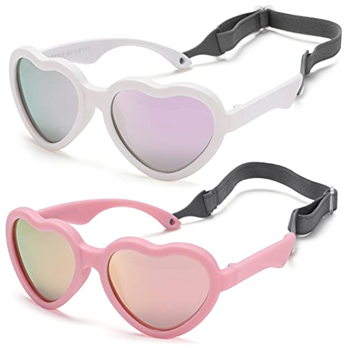 Flexible Heart Shaped Baby Polarized Sunglasses with Strap Adjustable Toddler & Infant Age 0-24 Months (White/Purple Mirrored + Pink/Pink Mirrored) - 2 Pack