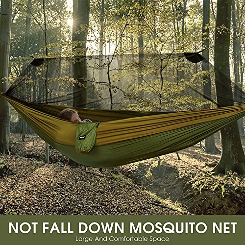 Large Camping Hammock with Mosquito Net 2 Person Pop-up Parachute Lightweight Hanging Hammocks Tree Straps Swing Hammock Bed for Outdoor Backpacking Backyard Hiking
