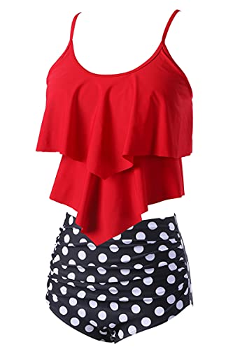 Womens High Waisted Bathing Suits Flounce Halter Tank Top Bikini Bottoms Tummy Control Modest Swimwear Two Piece Swimsuits Tankini Red Polka M