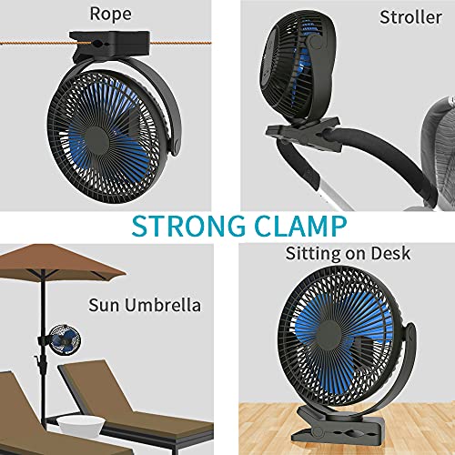 10000mAh Portable Rechargeable Clip on Fan, 8 inch Battery Operated Fan, 24 Hours Work Time, 4 Speeds Personal Fan, Ideal for Outdoor Camping Golf Cart Home Office Blue