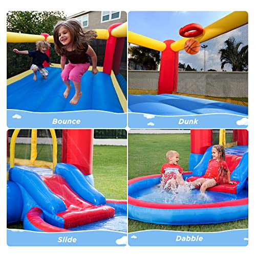Valwix Inflatable Bounce House with Blower for Kids 3-5 y/o, Bouncy Castle w/ Waterslide & Pool for Wet Dry Combo, Bouncer w/ Repair Kits, Fun Bounce Area with Basketball Hoop