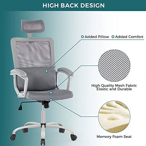 Smugdesk Ergonomic Mesh High Back Chair with Lumbar Support, Adjustable Headrest, Armrests, and Wheels, for Office Desk, Gaming Setup, and More, Gray