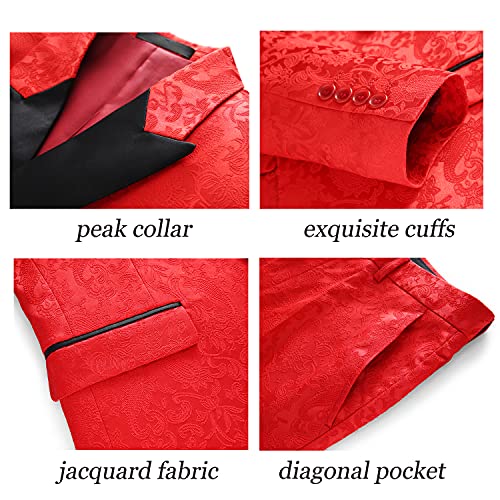 Mens Suit 3 Piece Floral Tux Double Breasted Blazer Vest Pants Set US Size 34 Red