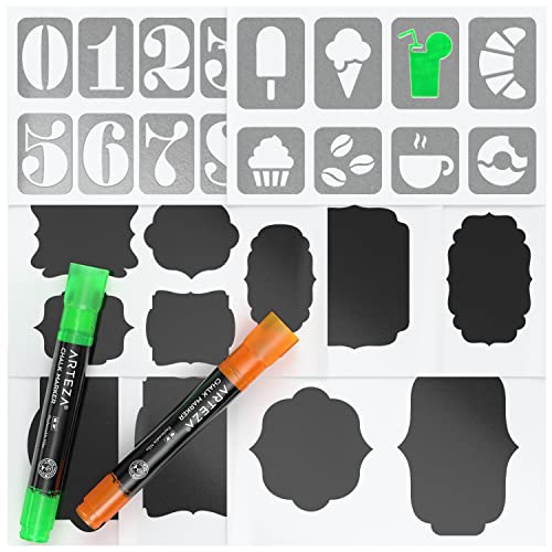 Arteza Liquid Chalk Markers, 8 Neon Colors, Washable Chalkboard Pens, 8 Replaceable Nibs, 1 Tweezer, 50 Labels, 2 Sticky Stencils, Art Supplies for Decorating Car Windows, Erasable Signs, and Menus