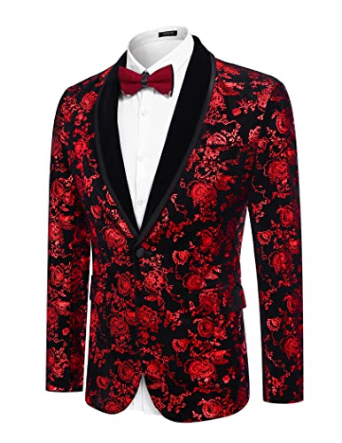 COOFANDY Men's Floral Dress Suit Floral Paisley Print Wedding Blazer Dinner Tuxedo Jacket for Party, Prom, Evening (Red, Small)