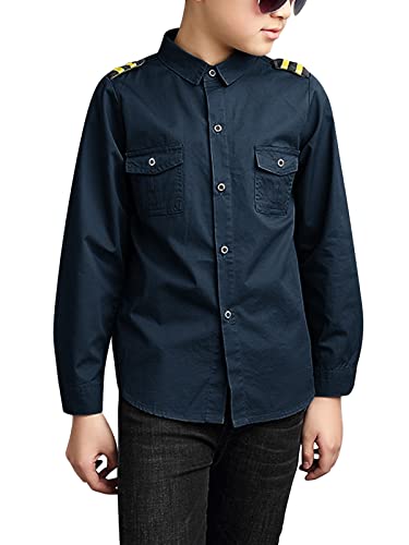 Phorecys Little Big Boys' Long Sleeve Dress Shirts Formal Uniform Cotton Solid Blue 2 Tag 150CM - 7-8 Years