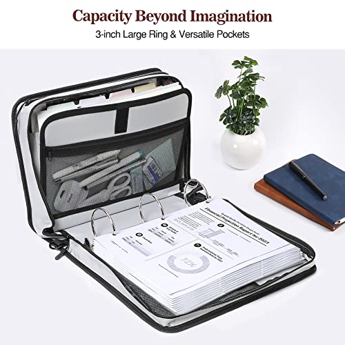 MoKo Zipper Binder, 3 inch 3 Ring Binder with Zipper, 600 Sheet Capacity Multi-Pocket School Binder Organizer, Handle and Shoulder Strap Included, Black & Gray